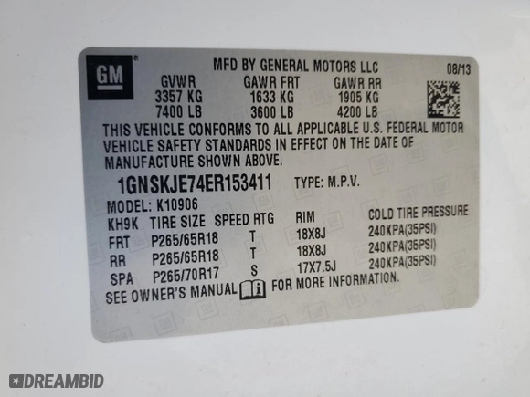 2014 Chevrolet Suburban LT with VIN 1GNSKJE74ER153411, listed as a Copart auction lot 48805715 with 177,433 mi miles and Salvage Title. Bid and sale history available at carsss.com. Image 13.