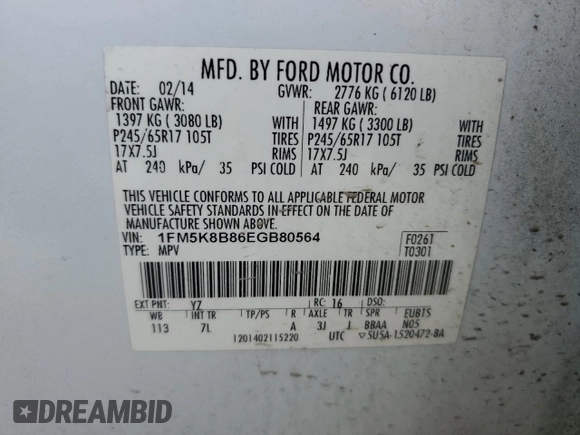 2014 Ford Explorer with VIN 1FM5K8B86EGB80564, listed as a Copart auction lot 57770145 with 209,399 mi miles and Salvage title. Bid and sale history available at DreamBid. Image 13.
