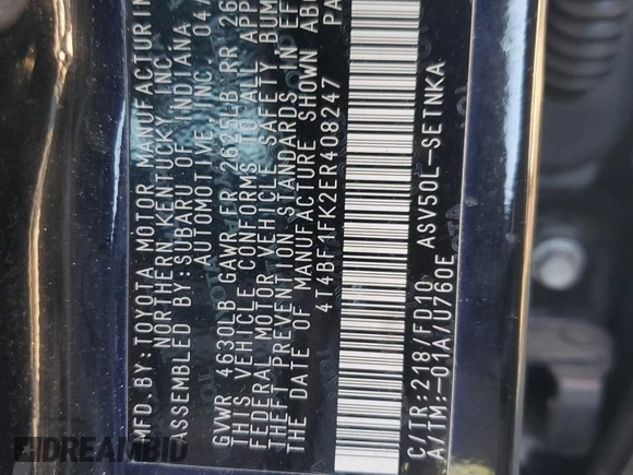 2014 Toyota Camry L with VIN 4T4BF1FK2ER408247, listed as a Copart auction lot 45957505 with 194,013 mi miles and Salvage Title. Bid and sale history available at DreamBid. Image 12.