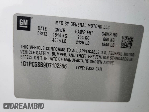 2013 Chevrolet Cruze 1LT with VIN 1G1PC5SB9D7102386, listed as a Copart auction lot 51101535 with 125,987 mi miles and Salvage Title. Bid and sale history available at carsss.com. Image 14.