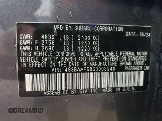 2025 Subaru Legacy Premium with VIN 4S3BWAF68S3003240, listed as a Copart auction lot 47327955 with 8,256 mi miles and Salvage title. Bid and sale history available at DreamBid. Image 12.