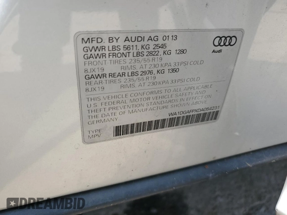 2013 Audi Q5 Premium Plus with VIN WA1DGAFPXDA054231, listed as a Copart auction lot 64730575 with 128,807 mi miles and Salvage title. Bid and sale history available at DreamBid. Image 13.
