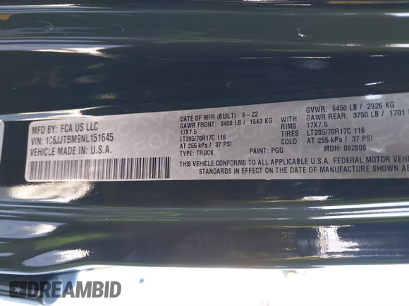 2022 Jeep Gladiator Rubicon с VIN 1C6JJTBM9NL151645, выставлен на аукционе IAAI как лот 41613065 с пробегом Не указан миль и . История ставок и продаж доступна на DreamBid. Изображение 9.