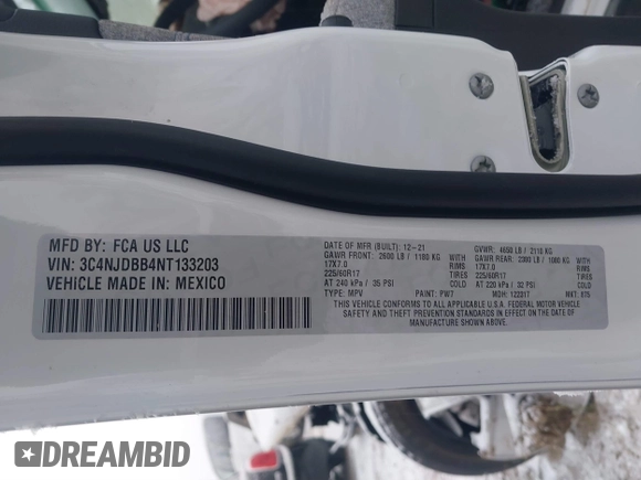 2022 Jeep Compass Latitude with VIN 3C4NJDBB4NT133203, listed as a IAAI auction lot 40990103 with Not provided miles and . Bid and sale history available at DreamBid. Image 9.