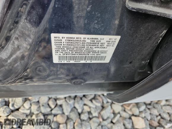 2012 Honda Pilot EX-L with VIN 5FNYF3H61CB020226, listed as a Copart auction lot 59038355 with 234,583 mi miles and Salvage title. Bid and sale history available at DreamBid. Image 13.