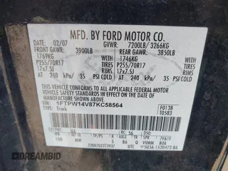 2007 Ford F-150 XLT with VIN 1FTPW14V87KC58564, listed as a IAAI auction lot 42469762 with 168,314 mi miles and . Bid and sale history available at DreamBid. Image 9.