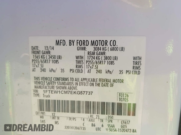 2014 Ford F-150 XL with VIN 1FTEW1CM7EKG57737, listed as a IAAI auction lot 42046953 with 145,796 mi miles. Bid and sale history available at carsss.com. Image 9.
