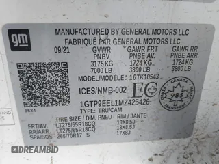 2021 GMC Sierra 1500 AT4 with VIN 1GTP9EEL1MZ425426, listed as a IAAI auction lot 41545890 with 51,298 mi miles. Bid and sale history available at carsss.com. Image 9.
