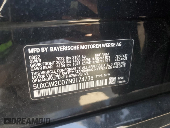2022 BMW X7 xDrive40i z VIN 5UXCW2C07N9L74738, wystawiony jako Copart lot #53938795 z przebiegiem Nie podano mil oraz Szkoda całkowita • Salvage title. Historia ofert i sprzedaży dostępna na DreamBid. Obrazek 13.