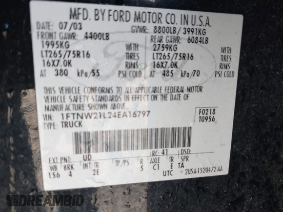 2004 Ford F-250 XL с VIN 1FTNW21L24EA16797, выставлен на аукционе IAAI как лот 41747547 с пробегом Не указан миль и . История ставок и продаж доступна на DreamBid. Изображение 9.