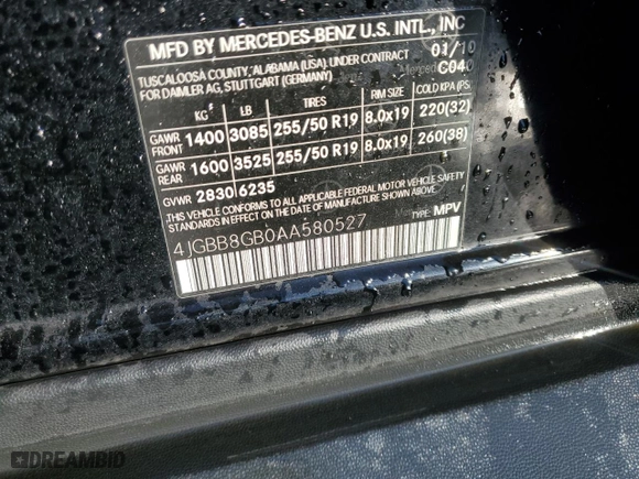 2010 Mercedes-Benz M-Class ML 350 with VIN 4JGBB8GB0AA580527, listed as a Copart auction lot 46063815 with 139,626 mi miles and Salvage Title. Bid and sale history available at carsss.com. Image 13.