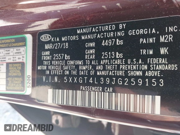 2018 Kia Optima LX with VIN 5XXGT4L39JG259153, listed as a IAAI auction lot 42076003 with 191,321 mi miles and . Bid and sale history available at DreamBid. Image 9.