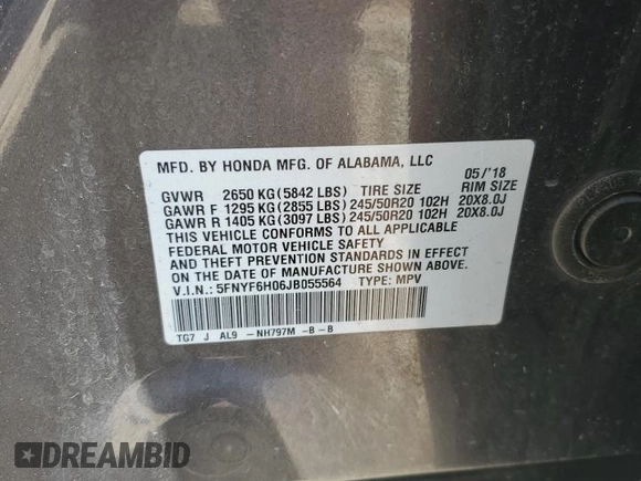 2018 Honda Pilot Elite with VIN 5FNYF6H06JB055564, listed as a Copart auction lot 57170465 with Not provided miles and Salvage title. Bid and sale history available at DreamBid. Image 13.