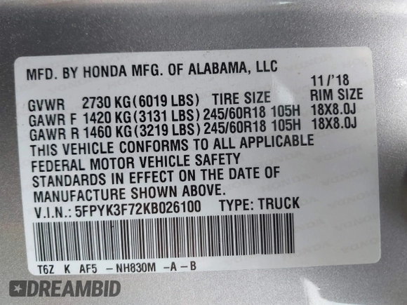 2019 Honda Ridgeline RTL-E with VIN 5FPYK3F72KB026100, listed as a IAAI auction lot 42205910 with 78,359 mi miles and . Bid and sale history available at DreamBid. Image 9.