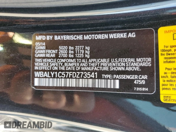 2015 BMW 6 Series z VIN WBALY1C57FDZ73541, wystawiony jako Copart lot #57294034 z przebiegiem 136 357 mil mil oraz Czysty tytuł • Clean title. Historia ofert i sprzedaży dostępna na DreamBid. Obrazek 12.