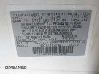 2013 Nissan Sentra SV with VIN 3N1AB7AP3DL754704, listed as a IAAI auction lot 41854355 with 219,696 mi miles and . Bid and sale history available at DreamBid. Image 8.