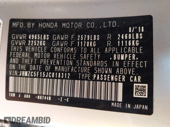 2018 Honda Clarity with VIN JHMZC5F15JC018312, listed as a IAAI auction lot 41354648 with 97,035 mi miles and . Bid and sale history available at DreamBid. Image 9.