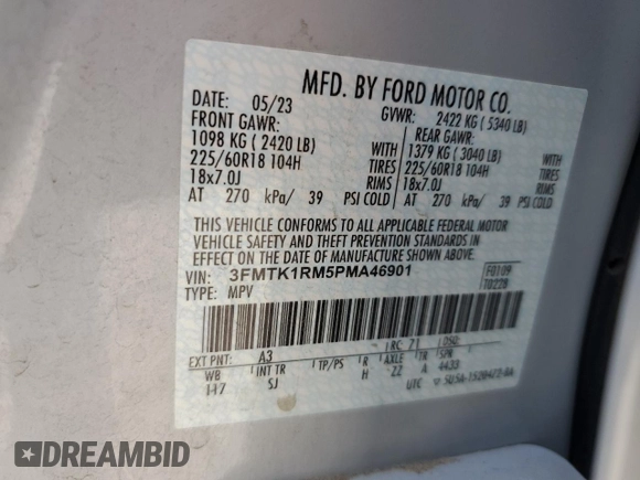 2023 Ford Mustang Mach-E Select с VIN 3FMTK1RM5PMA46901, выставлен на аукционе Copart как лот 55126655 с пробегом 25 845 миль миль и Списание • Salvage title. История ставок и продаж доступна на DreamBid. Изображение 14.