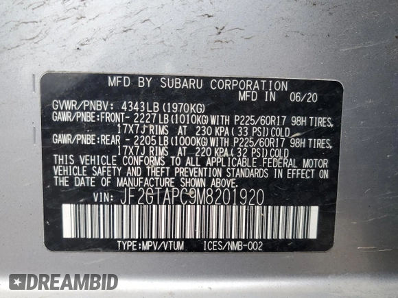 2021 Subaru Crosstrek Premium z VIN JF2GTAPC9M8201920, wystawiony jako Copart lot #75102403 z przebiegiem 47 351 mil mil oraz Nie do naprawy • Non repairable. Historia ofert i sprzedaży dostępna na DreamBid. Obrazek 13.