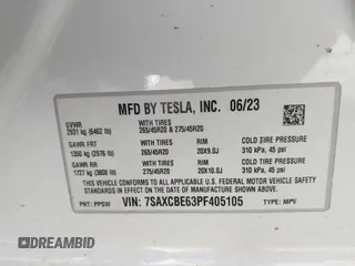 2023 Tesla Model X Plaid with VIN 7SAXCBE63PF405105, listed as a IAAI auction lot 41876918 with 22,475 mi miles and . Bid and sale history available at DreamBid. Image 9.