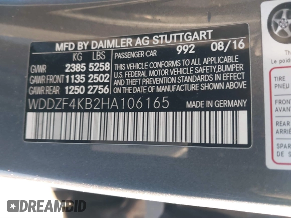 2017 Mercedes-Benz E 300 Luxury with VIN WDDZF4KB2HA106165, listed as a IAAI auction lot 41123157 with 82,770 mi miles and . Bid and sale history available at DreamBid. Image 9.