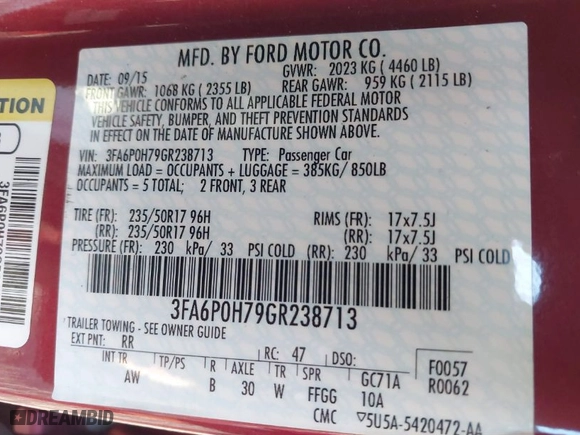 2016 Ford Fusion SE with VIN 3FA6P0H79GR238713, listed as a IAAI auction lot 41772902 with 113,506 mi miles. Bid and sale history available at carsss.com. Image 9.