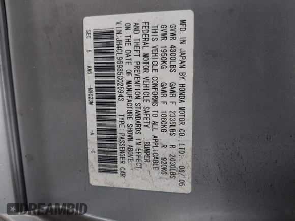 2005 Acura TSX with VIN JH4CL96985C025943, listed as a IAAI auction lot 42043506 with 146,473 mi miles and . Bid and sale history available at DreamBid. Image 9.