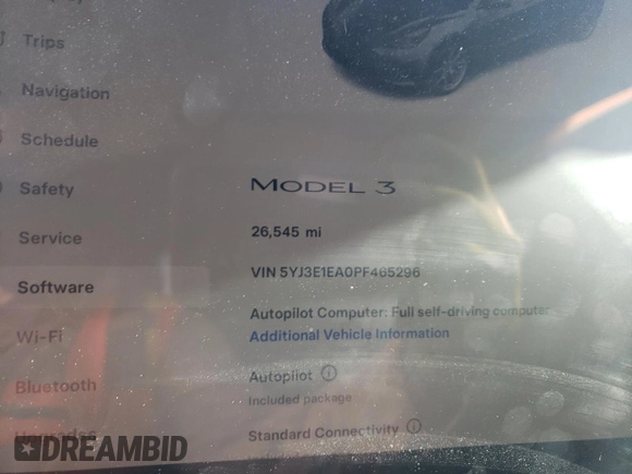 2023 Tesla Model 3 with VIN 5YJ3E1EA0PF465296, listed as a Copart auction lot 75868934 with 26,545 mi miles and Salvage Title. Bid and sale history available at DreamBid. Image 9.