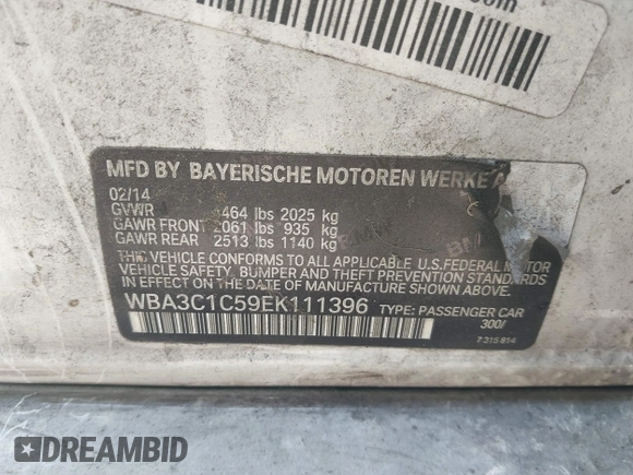 2014 BMW 3 Series 328i with VIN WBA3C1C59EK111396, listed as a IAAI auction lot 42471040 with 182,636 mi miles and . Bid and sale history available at DreamBid. Image 9.