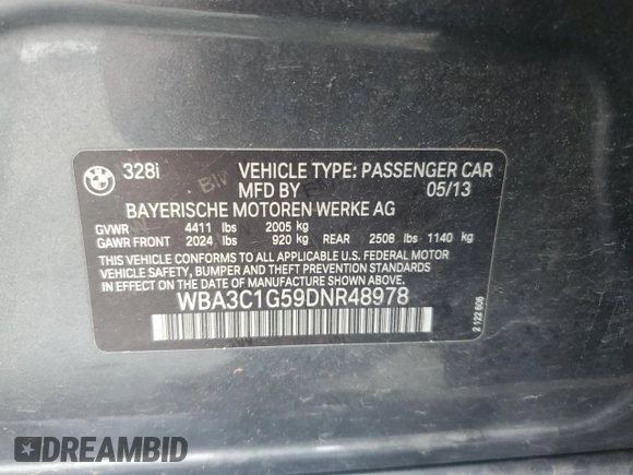 2013 BMW 3 Series 328i z VIN WBA3C1G59DNR48978, wystawiony jako Copart lot #56467365 z przebiegiem 95 950 mil mil oraz Szkoda całkowita • Salvage title. Historia ofert i sprzedaży dostępna na DreamBid. Obrazek 12.