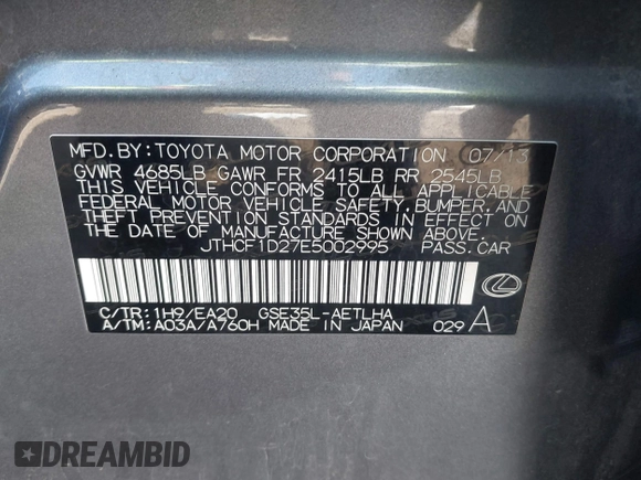 2014 Lexus IS 250 with VIN JTHCF1D27E5002995, listed as a IAAI auction lot 42229124 with 158,144 mi miles and . Bid and sale history available at DreamBid. Image 9.