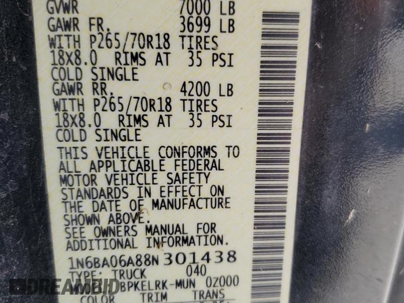 2008 Nissan Titan XE with VIN 1N6BA06A88N301438, listed as a Copart auction lot 59638385 with 122,576 mi miles and Salvage title. Bid and sale history available at DreamBid. Image 13.