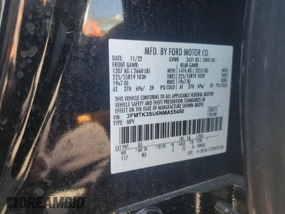 2022 Ford Mustang Mach-E Premium with VIN 3FMTK3SU6NMA55450, listed as a Copart auction lot 54966925 with 43,655 mi miles and Salvage title. Bid and sale history available at DreamBid. Image 13.