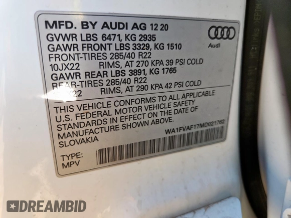 2021 Audi Q8 Prestige with VIN WA1FVAF17MD021762, listed as a Copart auction lot 61082515 with 69,968 mi miles and Salvage title. Bid and sale history available at DreamBid. Image 13.