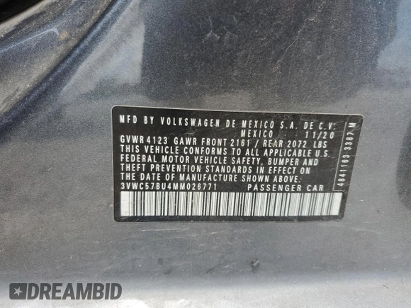 2021 Volkswagen Jetta S с VIN 3VWC57BU4MM026771, выставлен на аукционе Copart как лот 58008295 с пробегом 124 688 миль миль и Списание • Salvage title. История ставок и продаж доступна на DreamBid. Изображение 12.