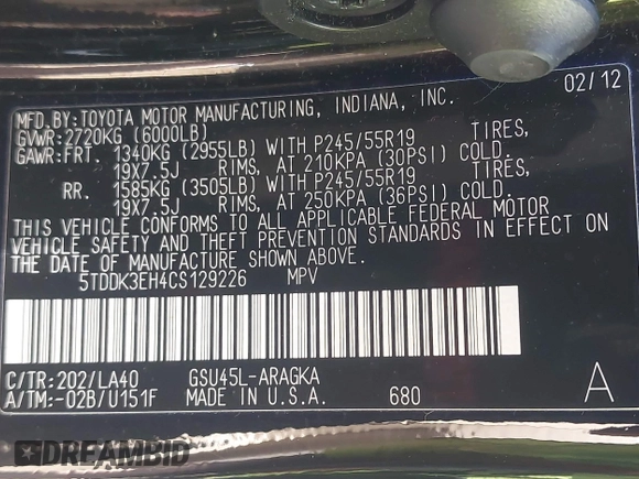 2012 Toyota Highlander Limited with VIN 5TDDK3EH4CS129226, listed as a IAAI auction lot 42024466 with 84,581 mi miles and . Bid and sale history available at DreamBid. Image 9.