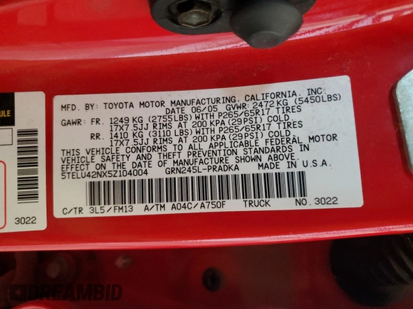 2005 Toyota Tacoma с VIN 5TELU42NX5Z104004, выставлен на аукционе Copart как лот 61069695 с пробегом 168 490 миль миль и Списание • Salvage title. История ставок и продаж доступна на DreamBid. Изображение 12.