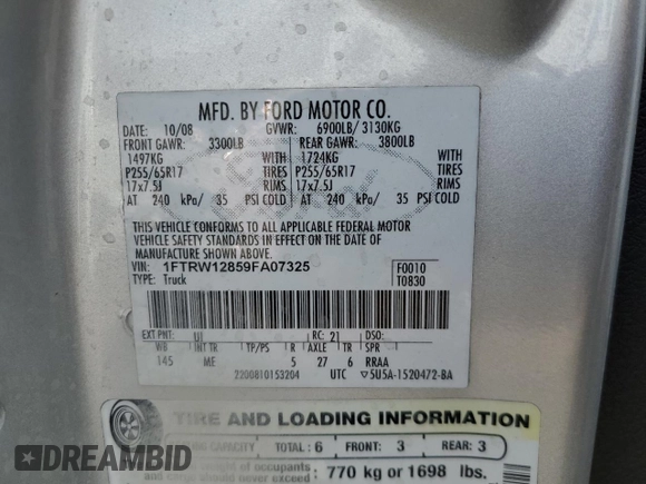 2009 Ford F-150 XL with VIN 1FTRW12859FA07325, listed as a Copart auction lot 59174215 with 242,328 mi miles and Salvage title. Bid and sale history available at DreamBid. Image 12.