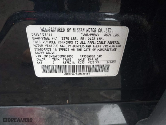 2011 Infiniti G25 Sedan Journey with VIN JN1DV6AP5BM831655, listed as a IAAI auction lot 41781287 with 1 mi miles. Bid and sale history available at carsss.com. Image 9.