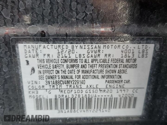 2021 Nissan Sentra SV with VIN 3N1AB8CV4MY229140, listed as a Copart auction lot 63328745 with 101,411 mi miles and Non repairable. Bid and sale history available at DreamBid. Image 12.