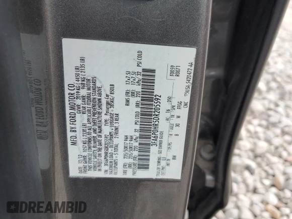 2013 Ford Fusion SE with VIN 3FA6P0HR5DR205592, listed as a Copart auction lot 53911155 with 186,614 mi miles and Clean Title. Bid and sale history available at carsss.com. Image 12.