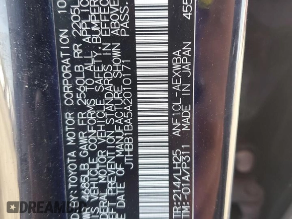 2010 Lexus HS 250h with VIN JTHBB1BA5A2010171, listed as a Copart auction lot 54890635 with 236,751 mi miles and Salvage Title. Bid and sale history available at DreamBid. Image 13.