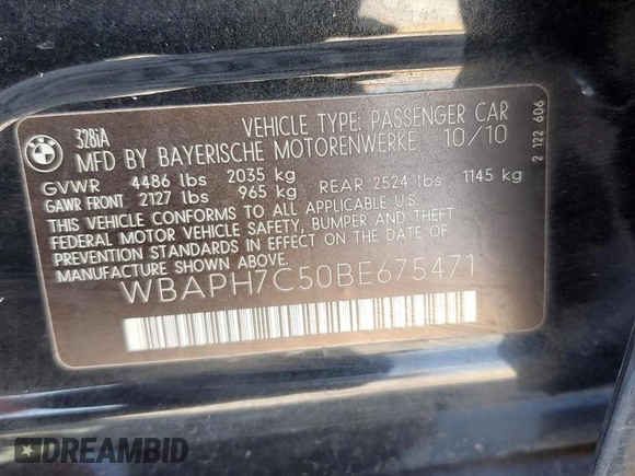 2011 BMW 3 Series 328i with VIN WBAPH7C50BE675471, listed as a Copart auction lot 52746655 with 123,179 mi miles and Salvage Title. Bid and sale history available at DreamBid. Image 12.
