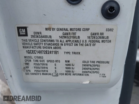 2002 Chevrolet Silverado 1500 Work Truck with VIN 1GCEC14V72E241181, listed as a IAAI auction lot 42125039 with 149,702 mi miles. Bid and sale history available at carsss.com. Image 9.