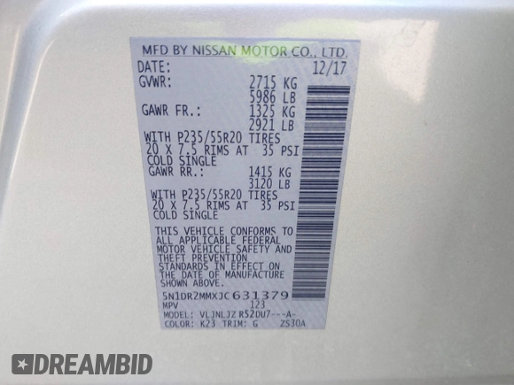 2018 Nissan Pathfinder SL with VIN 5N1DR2MMXJC631379, listed as a IAAI auction lot 42585871 with 92,610 mi miles and . Bid and sale history available at DreamBid. Image 9.