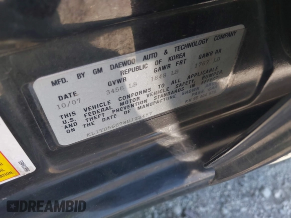 2008 Chevrolet Aveo LS with VIN KL1TD56678B123487, listed as a IAAI auction lot 42588212 with 119,882 mi miles and . Bid and sale history available at DreamBid. Image 9.