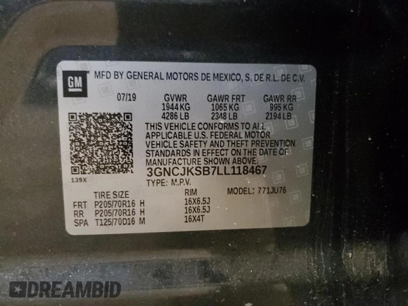2020 Chevrolet Trax LS with VIN 3GNCJKSB7LL118467, listed as a Copart auction lot 62269095 with 34,651 mi miles and Salvage title. Bid and sale history available at DreamBid. Image 13.