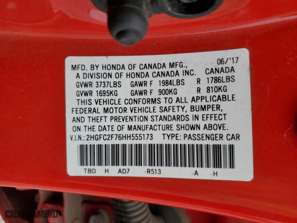 2017 Honda Civic Sedan EX with VIN 2HGFC2F76HH555173, listed as a Copart auction lot 50181335 with 148,593 mi miles and Salvage Title. Bid and sale history available at carsss.com. Image 12.