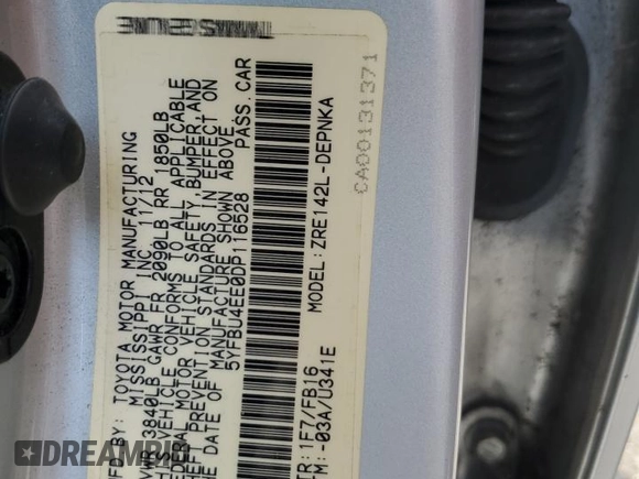 2013 Toyota Corolla L with VIN 5YFBU4EE0DP116528, listed as a Copart auction lot 54050095 with 71,633 mi miles and Salvage Title. Bid and sale history available at carsss.com. Image 12.