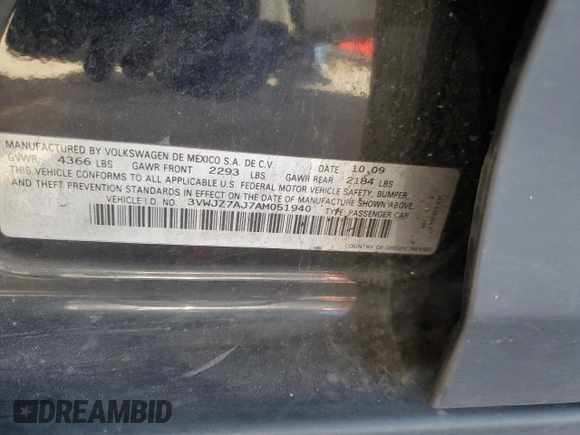 2010 Volkswagen Jetta S with VIN 3VWJZ7AJ7AM051940, listed as a Copart auction lot 54792105 with 159,460 mi miles and Salvage title. Bid and sale history available at DreamBid. Image 12.